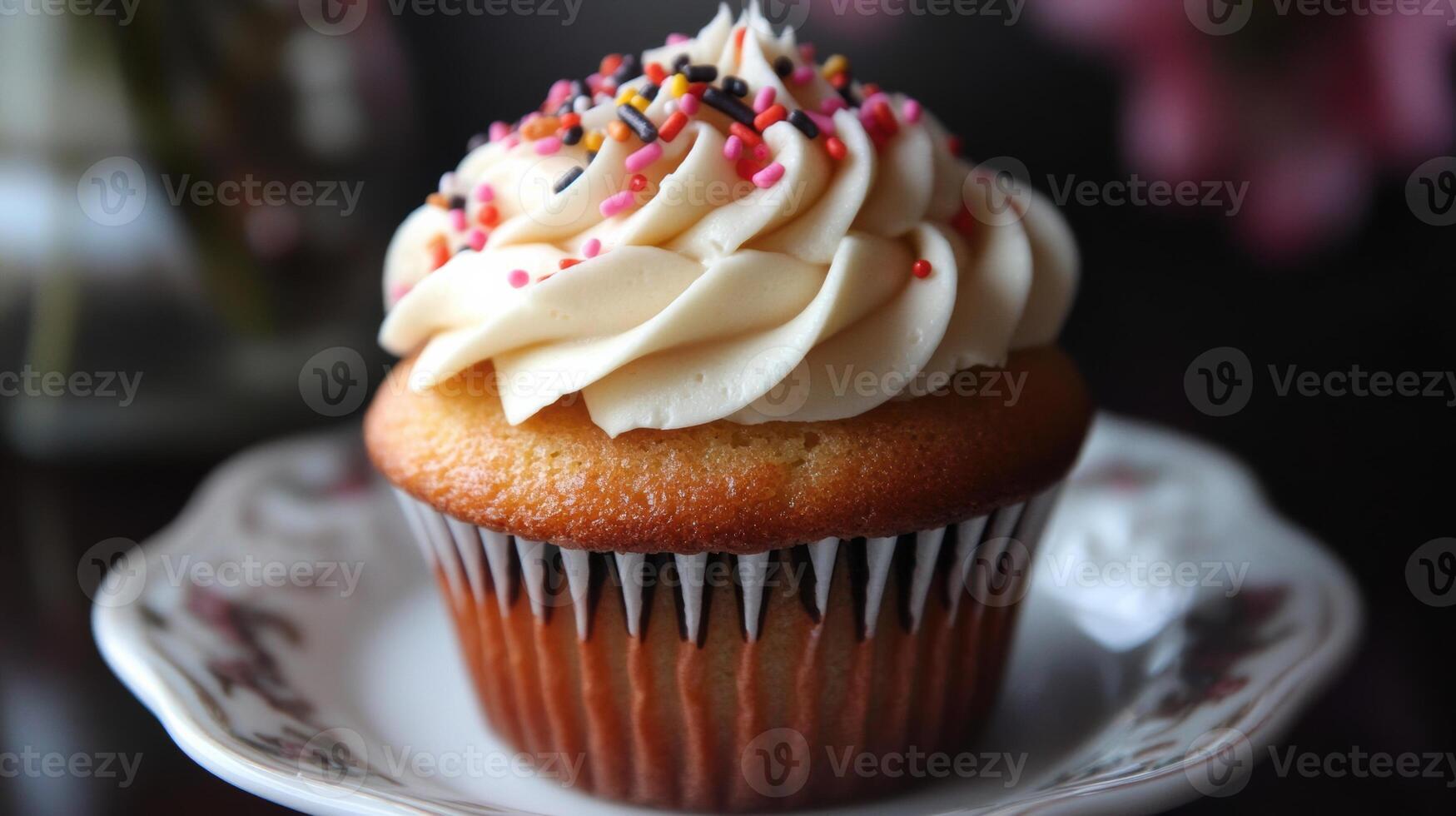 A cupcake with white frosting and sprinkles on top photo