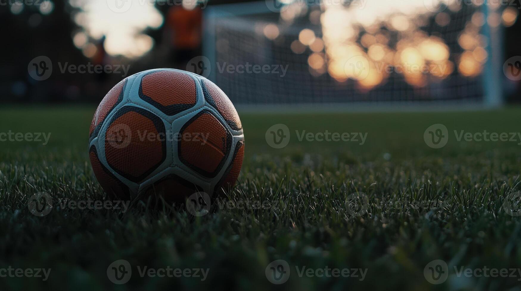 A soccer ball sits on the grass in front of a goal photo