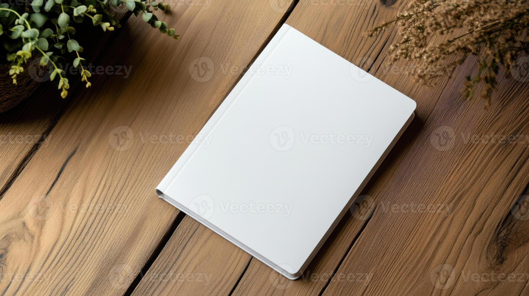 Blank white notebook on wooden table with potted plant photo