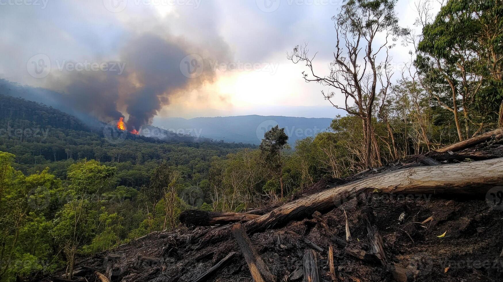 devastated rainforest with fallen trees and smoke rising from wildfire photo