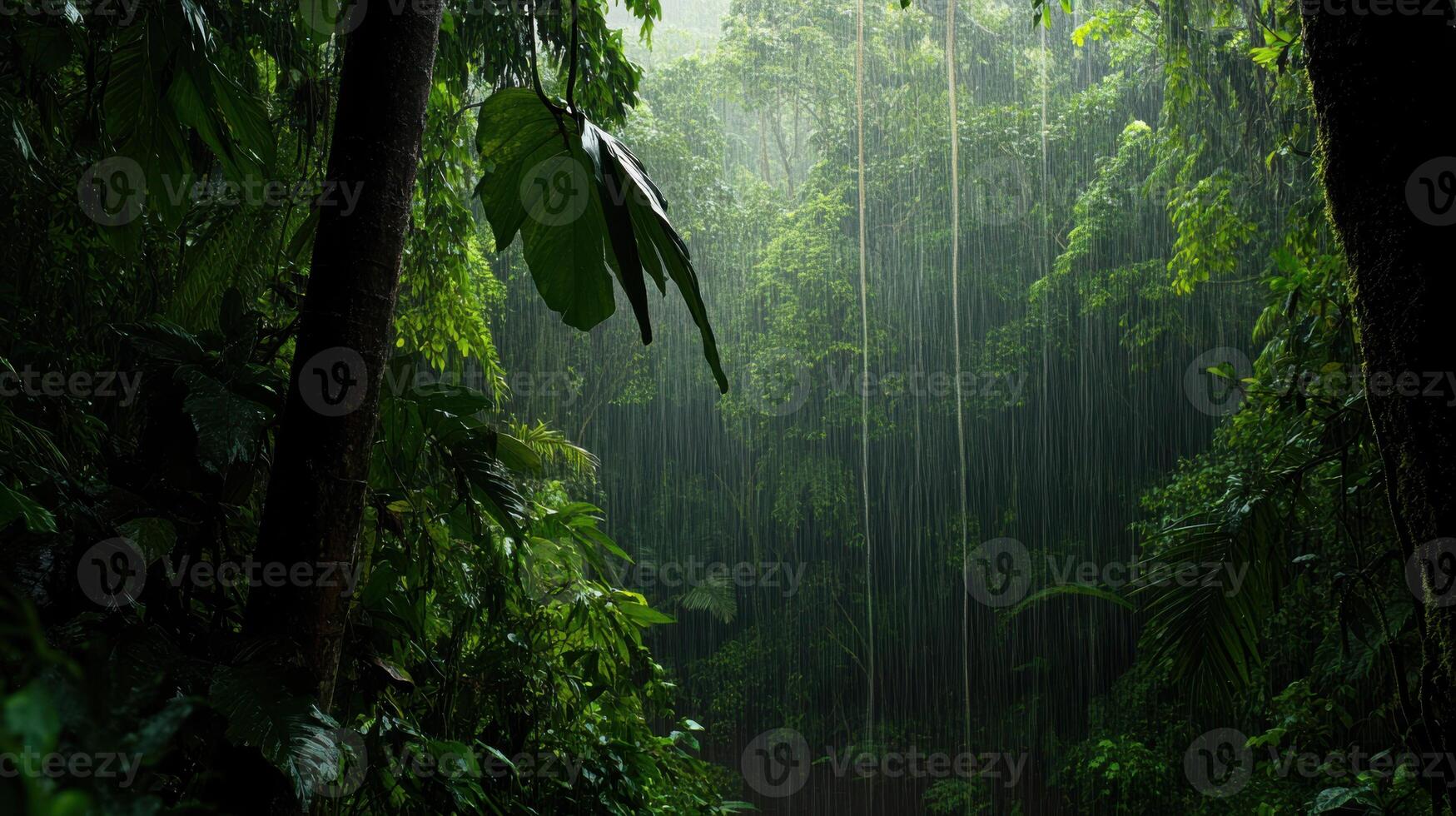 Rainy forest with waterfalls in the jungle photo