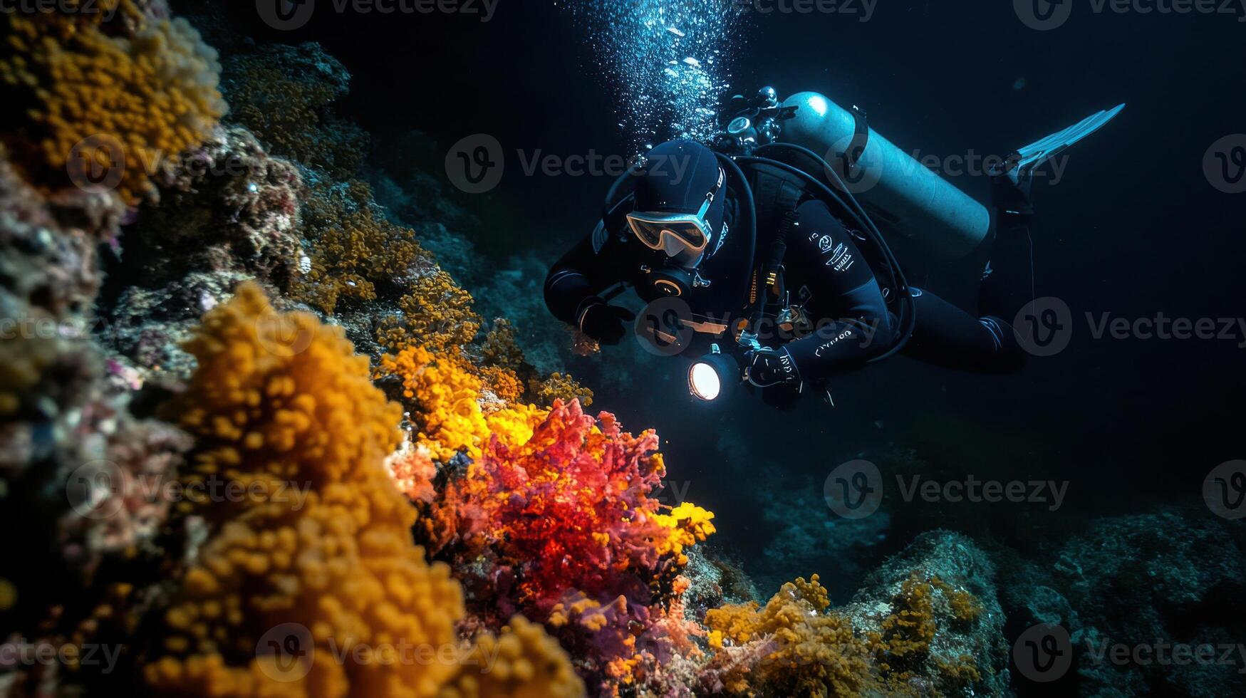 Diver exploring vibrant coral reefs with underwater flashlight photo