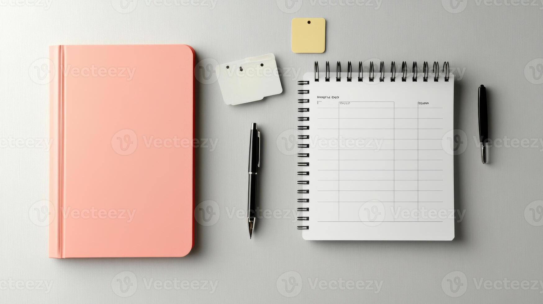 Notebook, pen, paper and notepad on a gray background 3d render photo