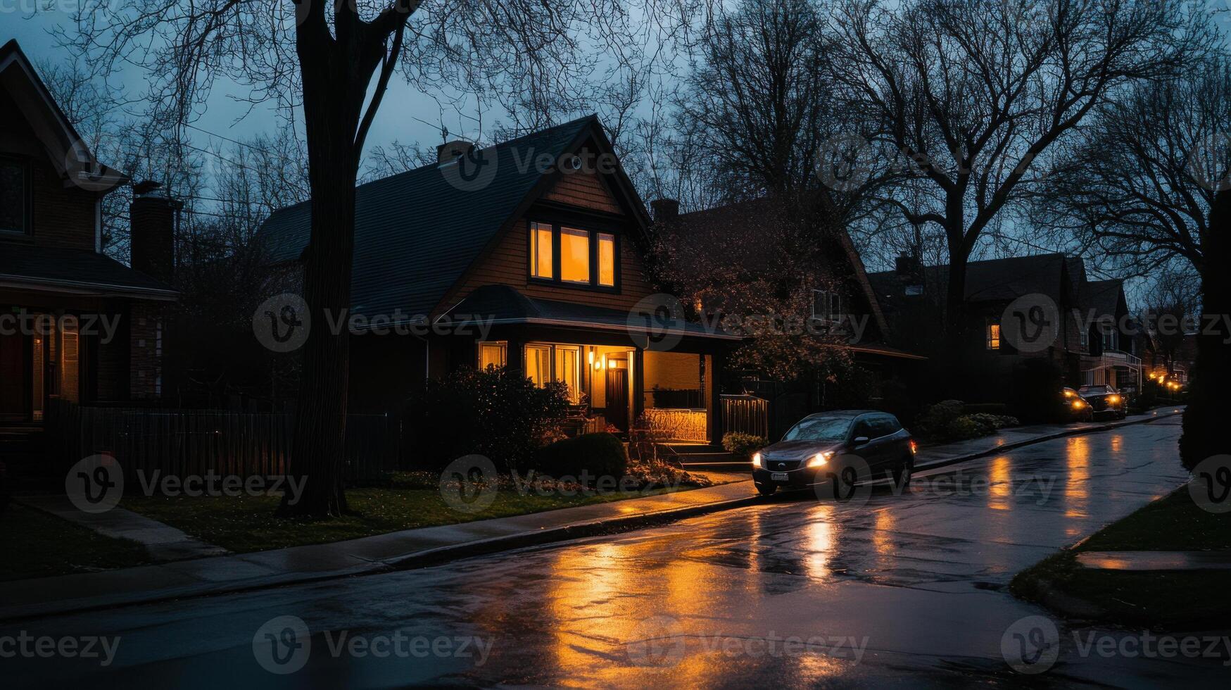 A wet street at night photo