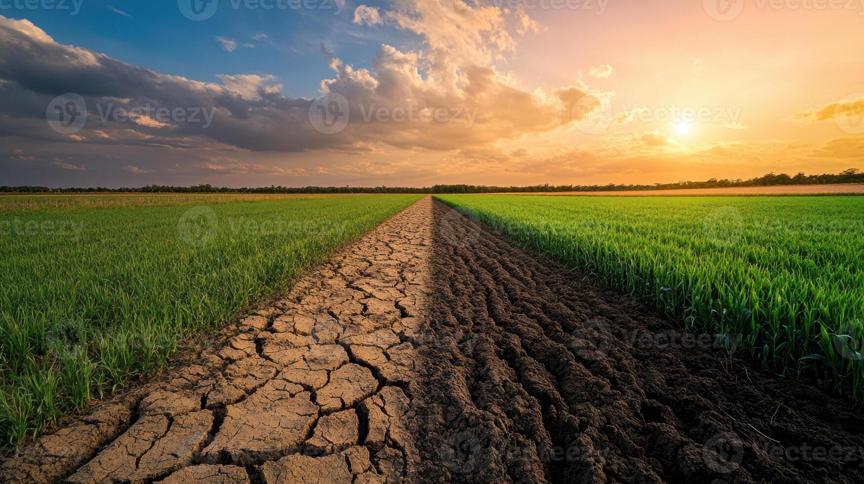 desert landscape contrasting with green farmland under sunset sky photo