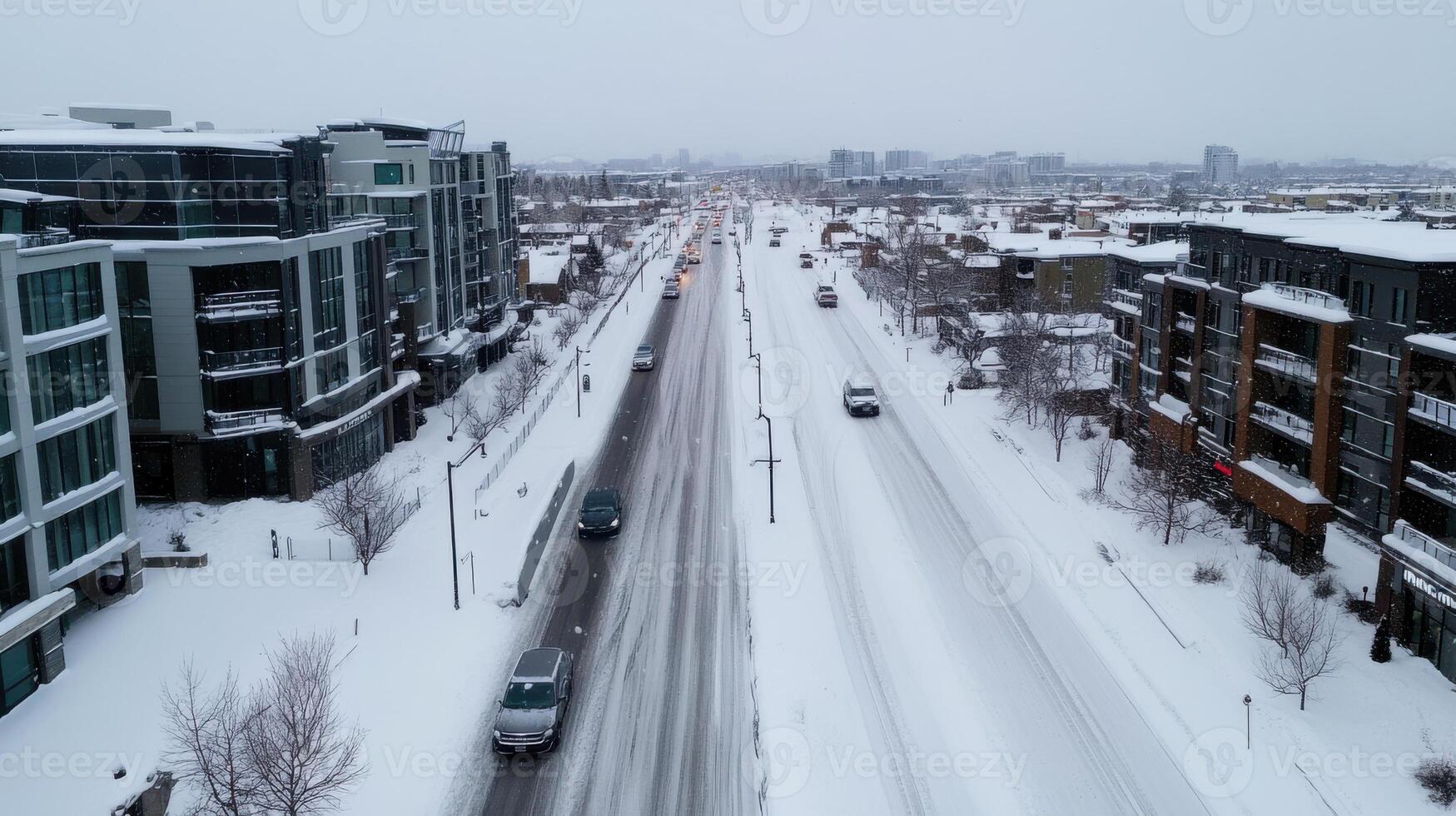 A view of a snowy road from above photo