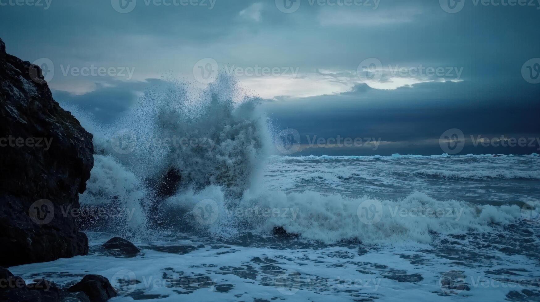 Dramatic ocean waves crashing against rocky shore under cloudy sky photo