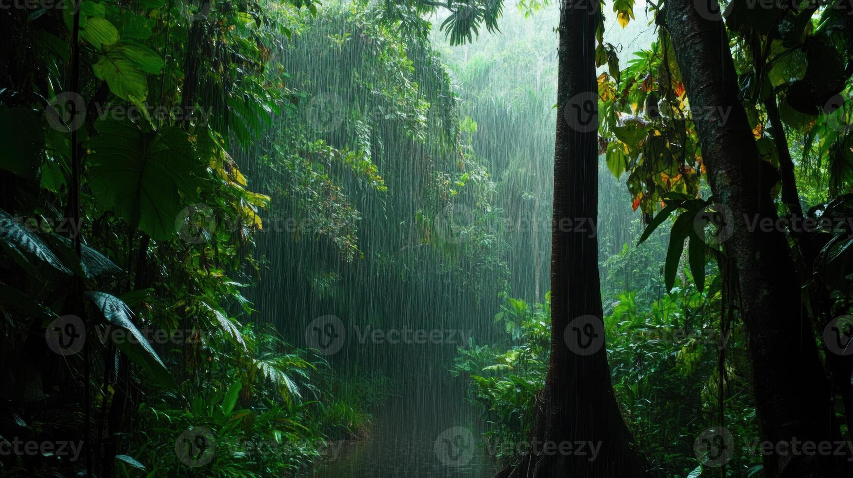 Rainy forest with trees and water in the jungle photo