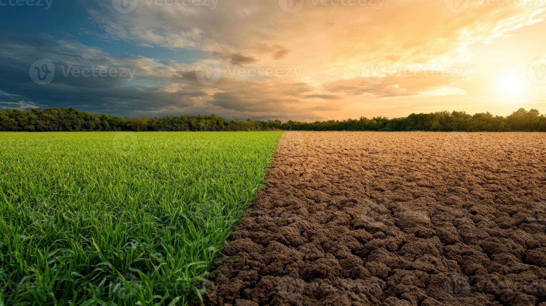 contrasting landscape showing green grass one side and dry, cracked soil other, symbolizing photo