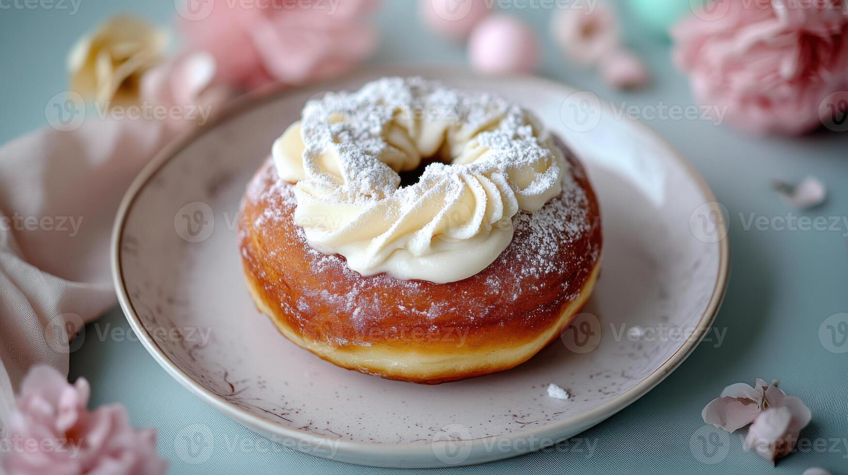 delicious doughnut topped with cream and powdered sugar, perfect for dessert photo