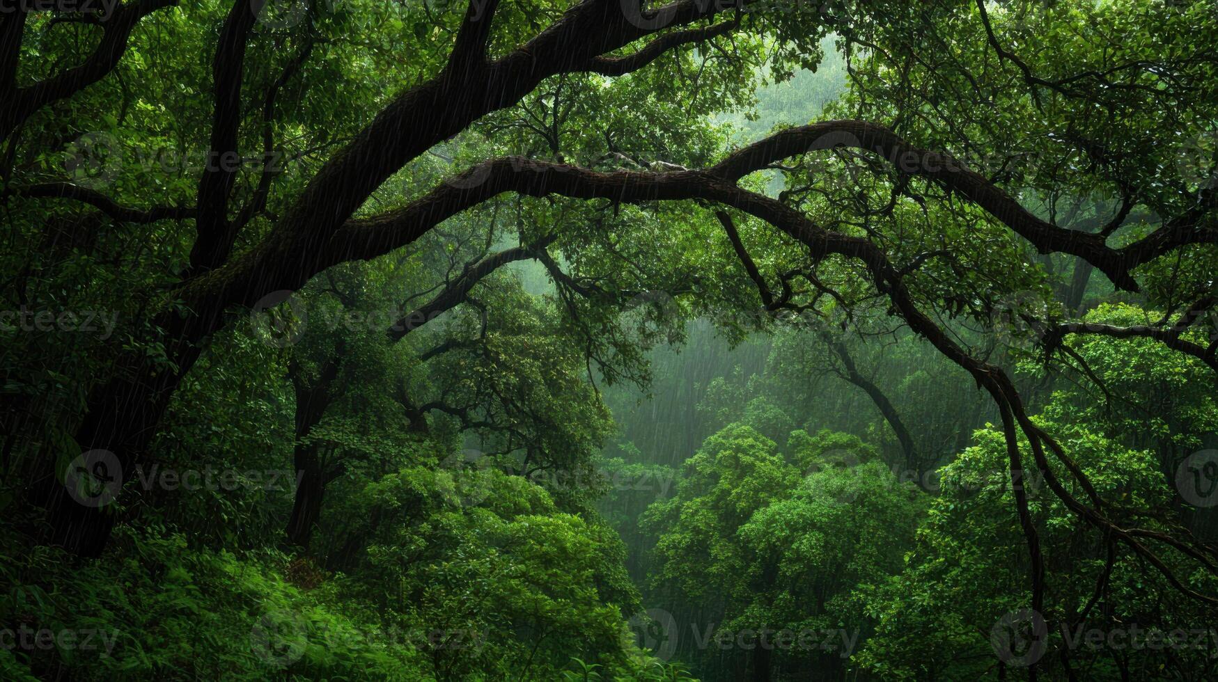 dense forest during heavy rain with swaying trees and lush greenery photo