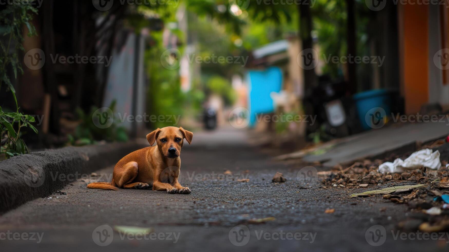 dog lying on quiet residential street, surrounded by greenery and homes photo