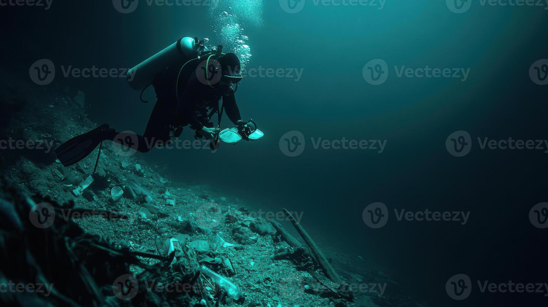 Diver exploring deep sea, surrounded by marine debris and plastic waste photo