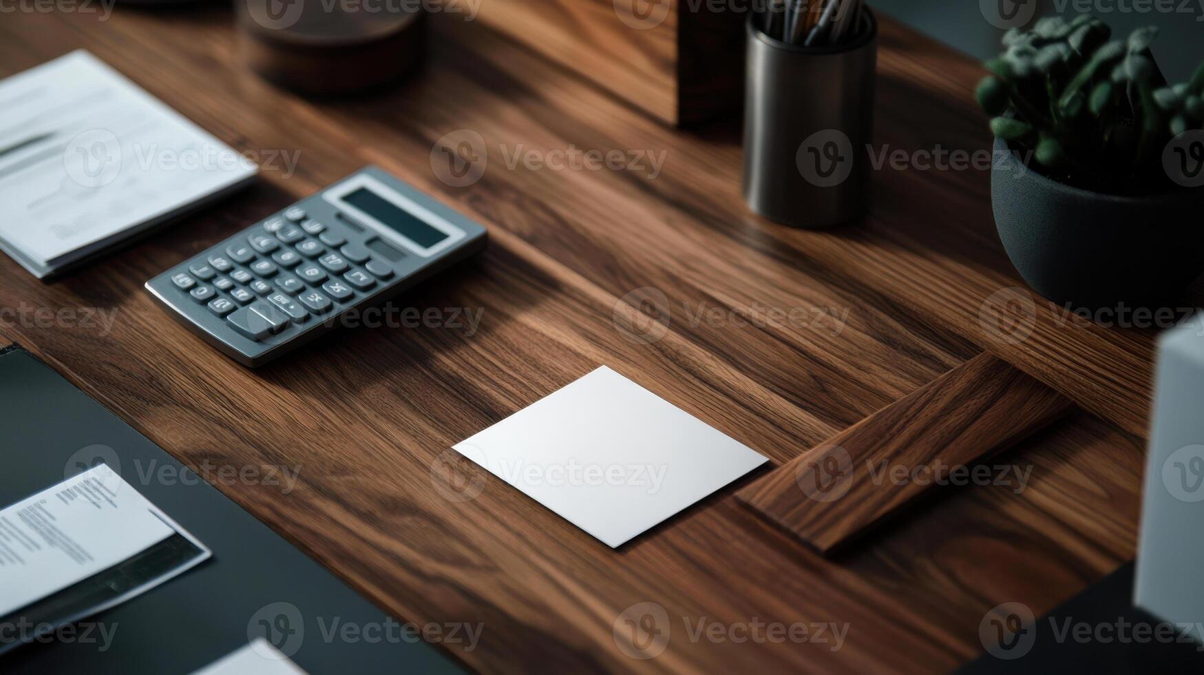 financial advisor workspace featuring calculator, blank card, and documents photo