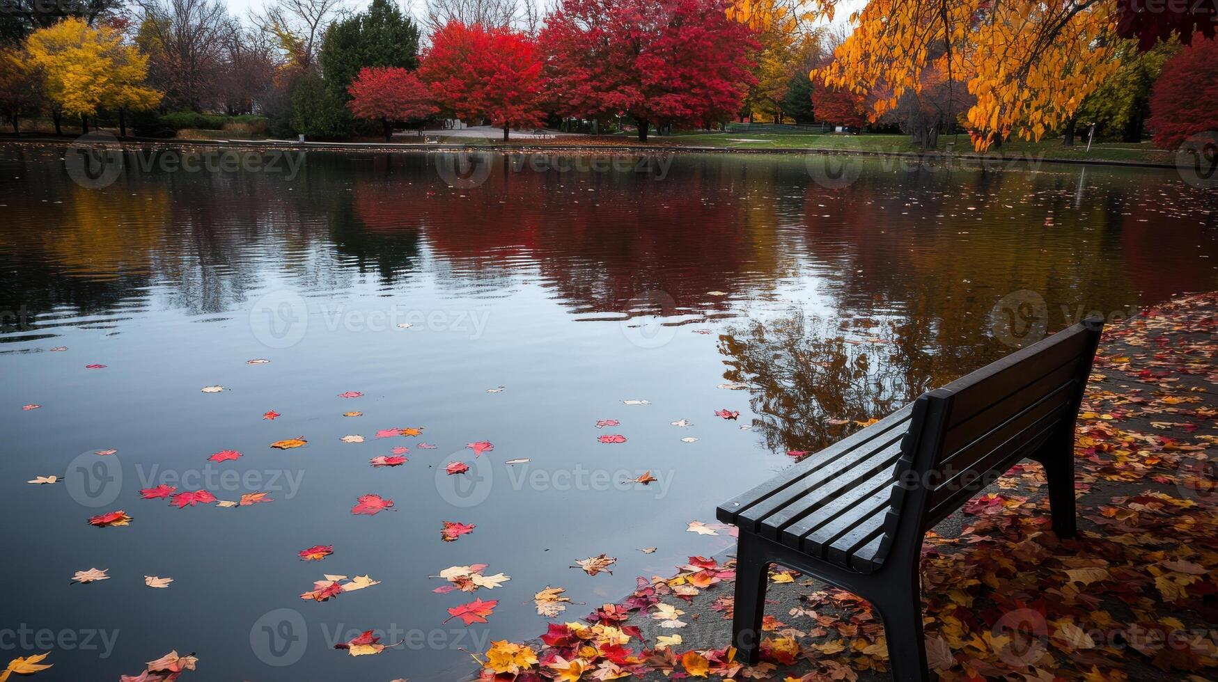 A black bench sitting in the middle of a lake photo