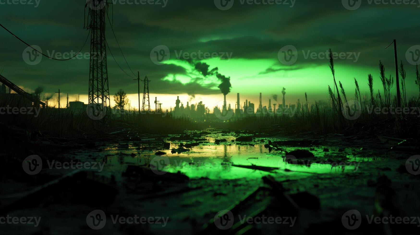 dystopian cityscape with green glow, polluted river, and industrial skyline photo