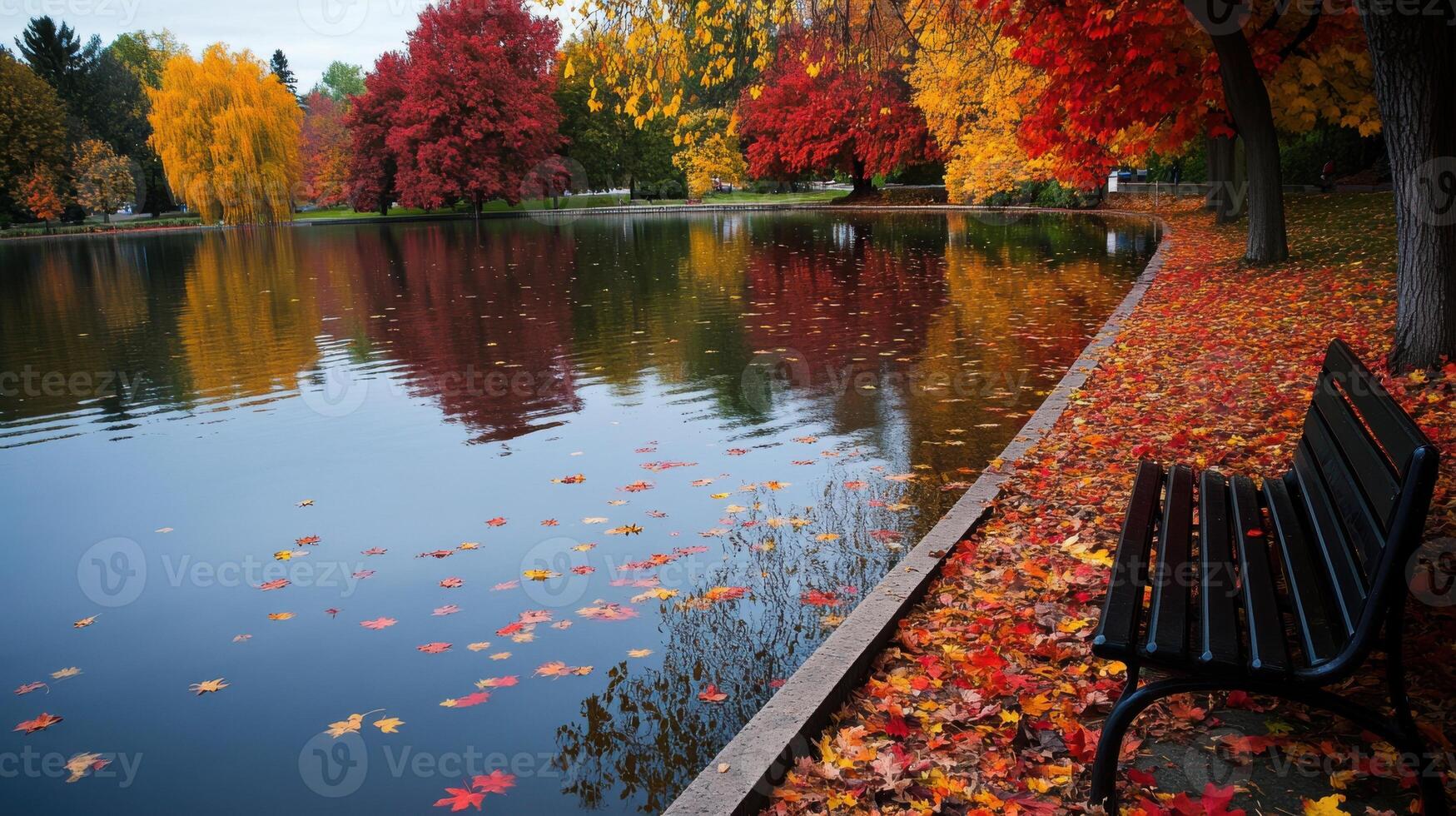 A bench is sitting on the edge of a lake photo
