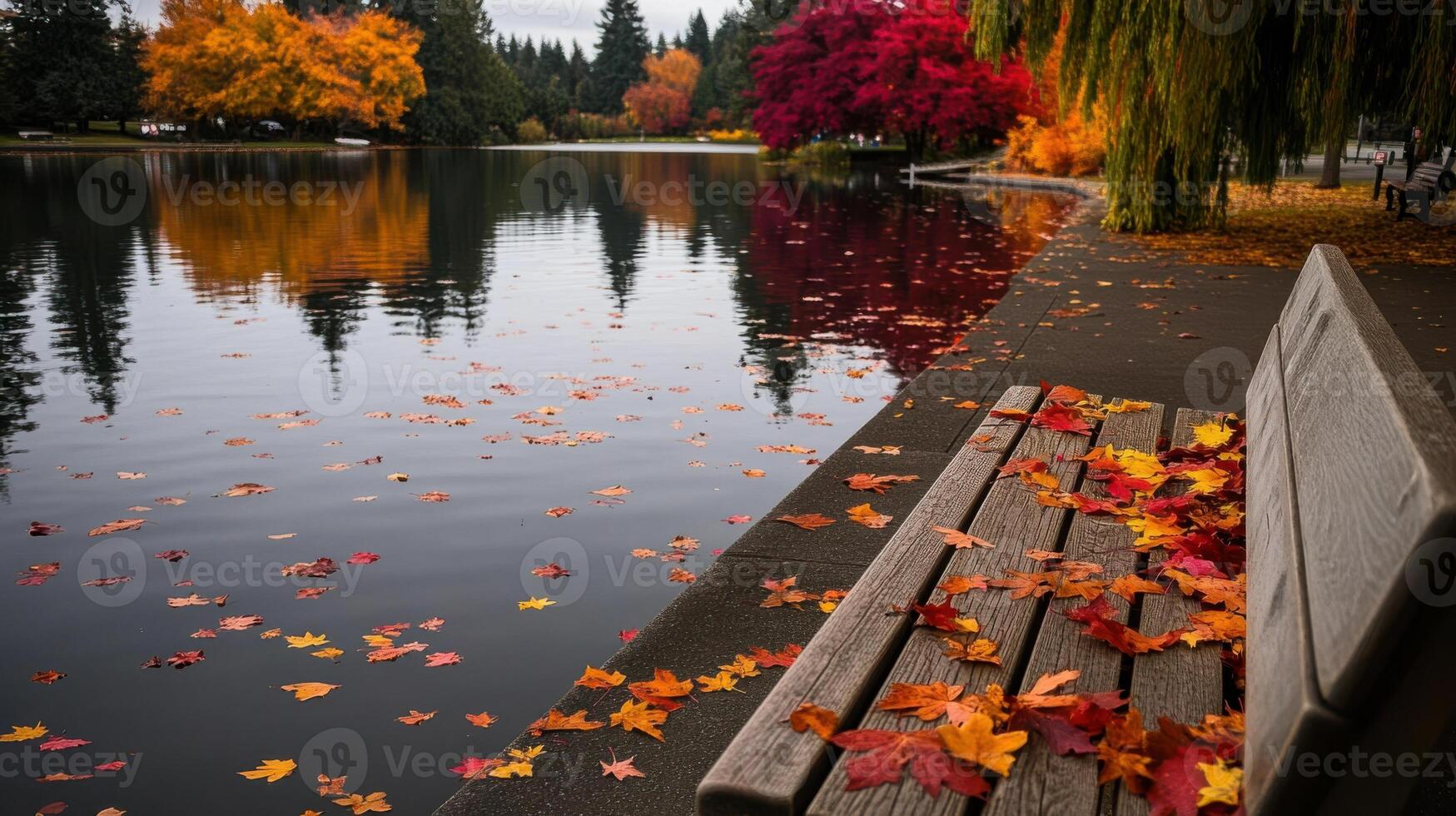 serene park bench surrounded by colorful autumn leaves by calm lake photo