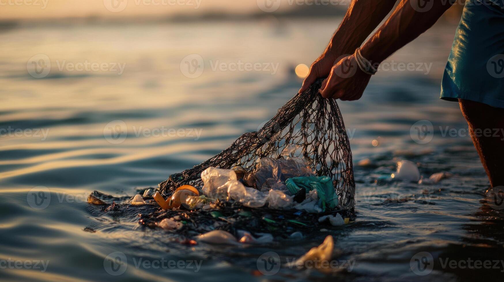 fisherman pulls up net filled with plastic waste, highlighting pollution photo