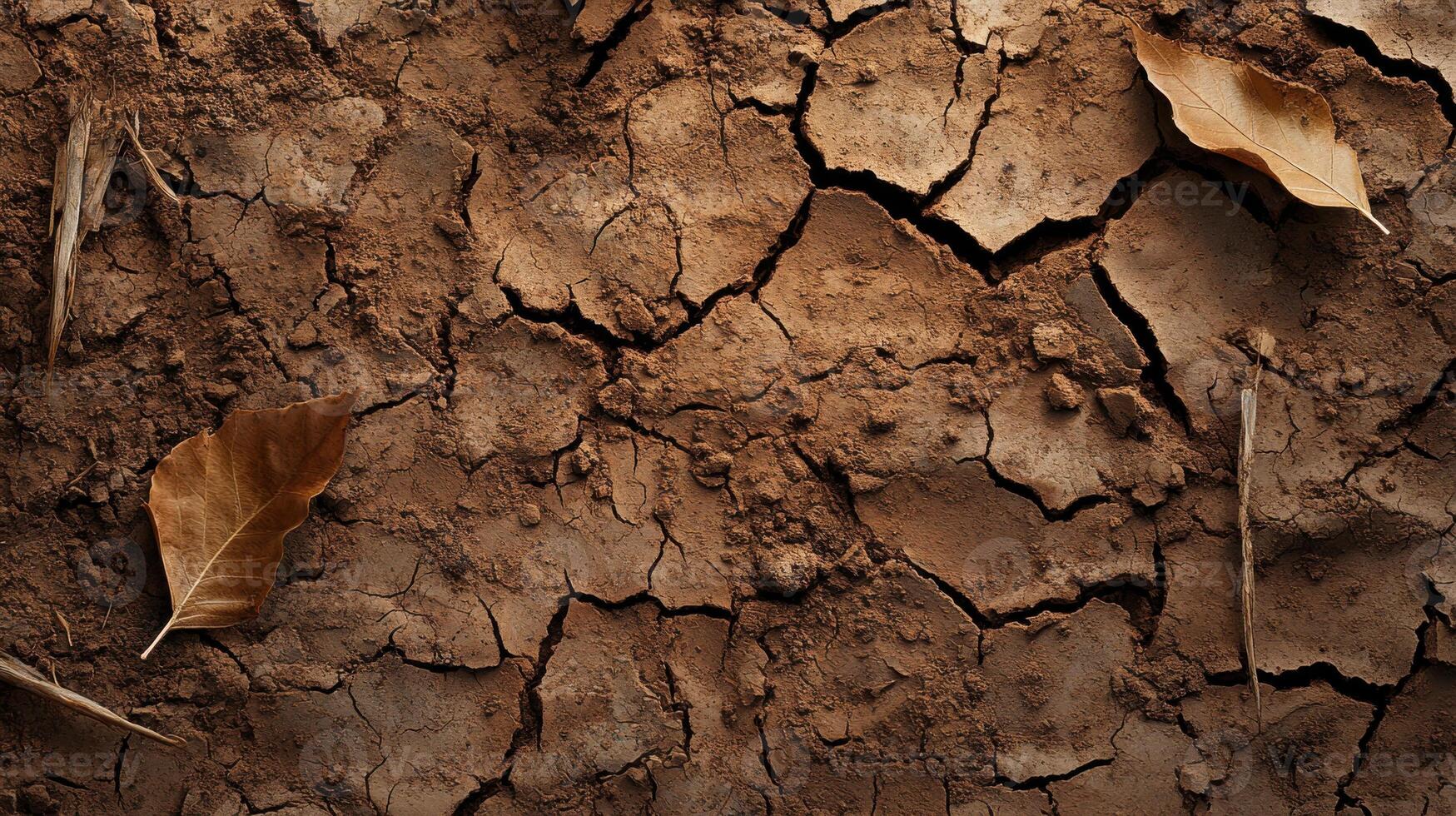 Dried soil with cracks and fallen leaves, showcasing drought effects photo