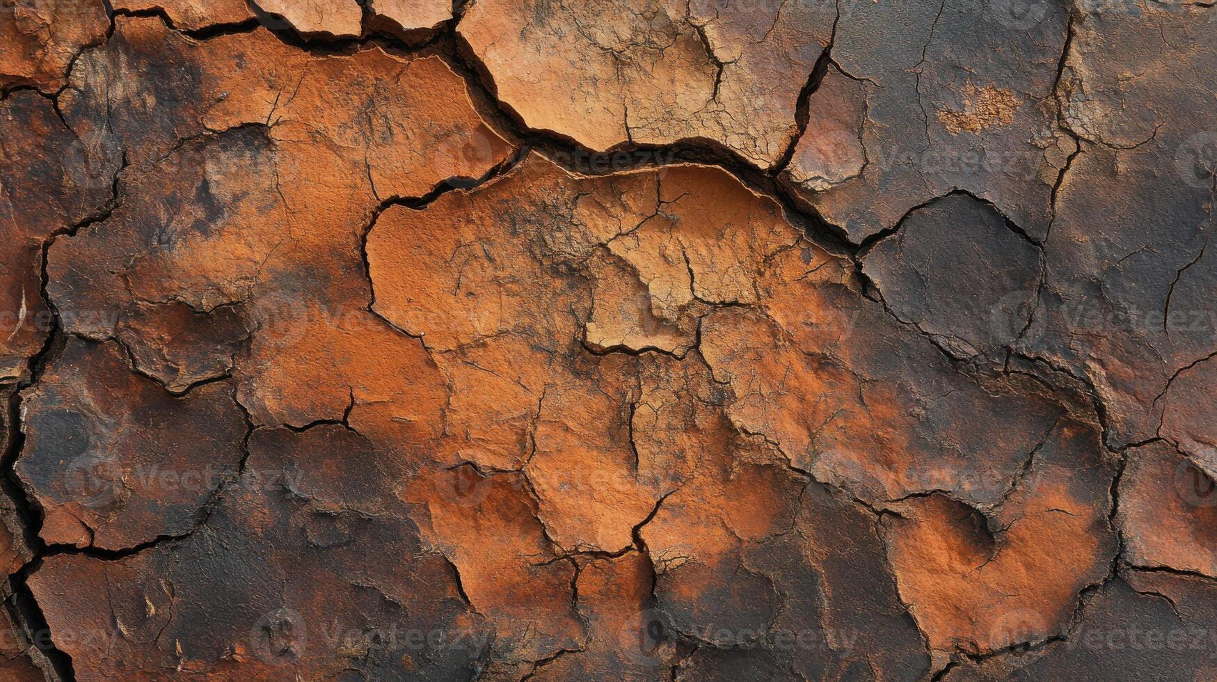 Dry cracked landscape with orange and black textures showing soil degradation photo