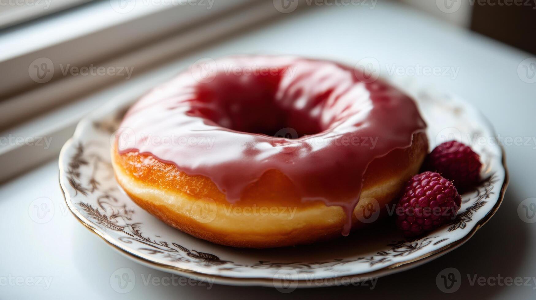 A donut with raspberry glaze on a plate photo