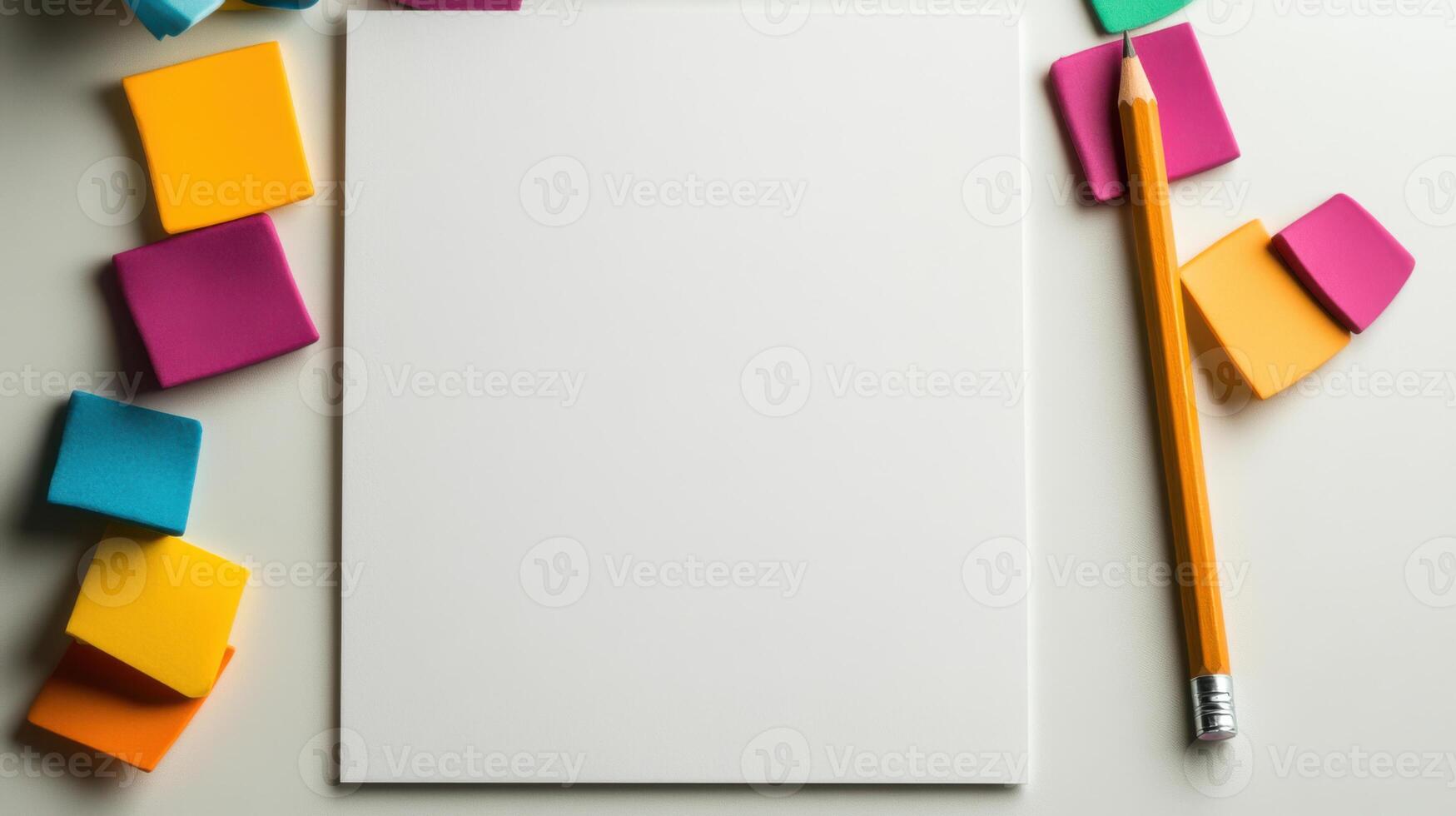 Notebook with colorful sticky notes and pencil on white background photo