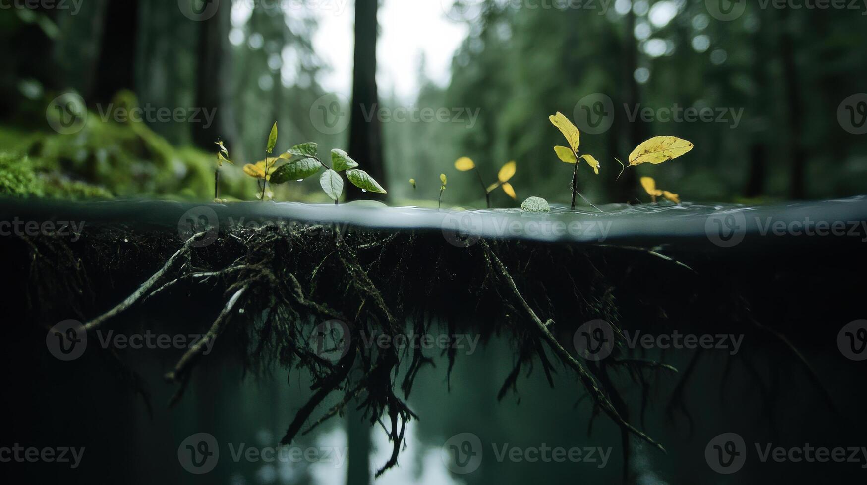 serene forest scene with roots submerged in water, showcasing nature resilience photo