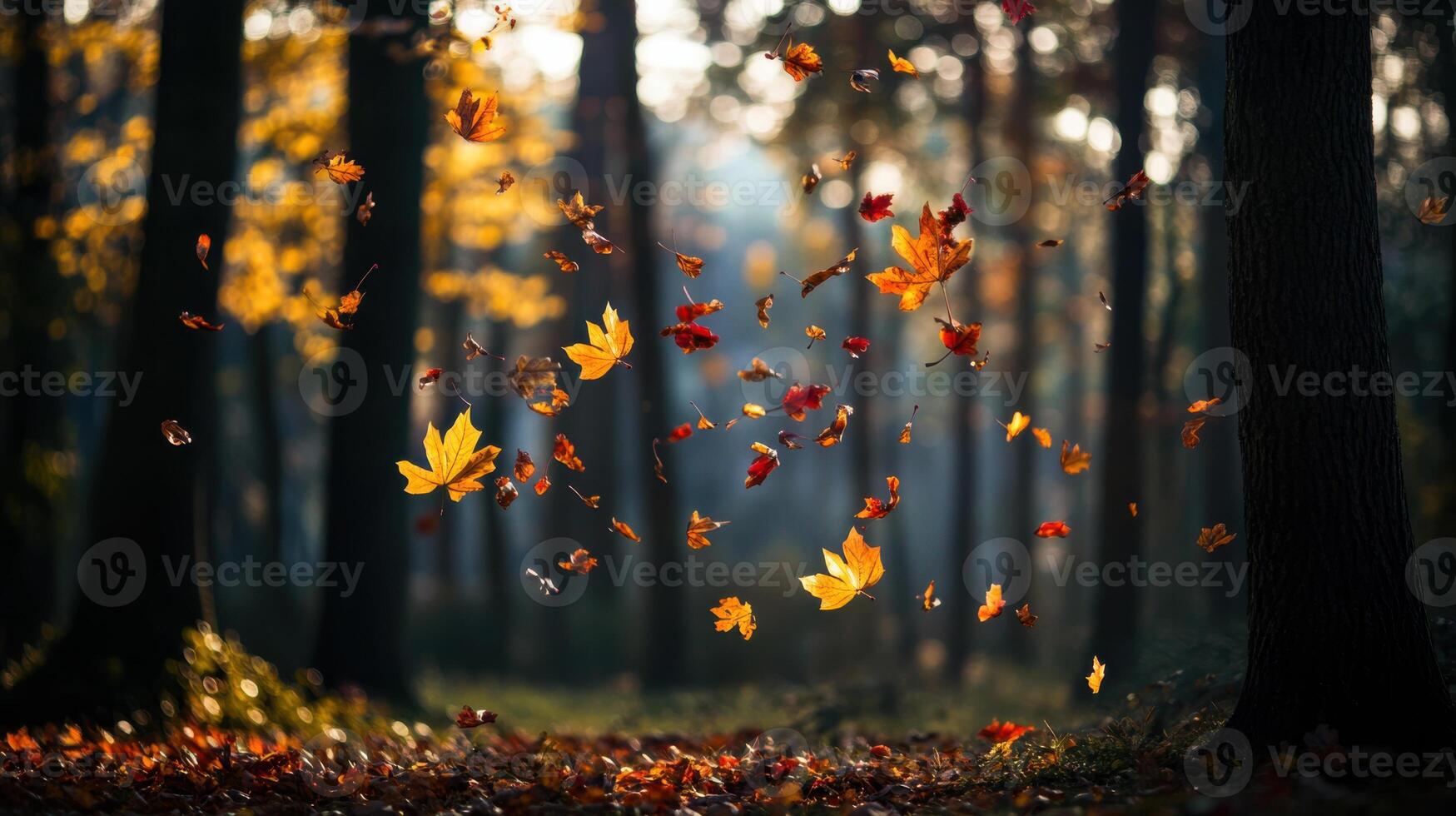 Falling leaves in serene forest during autumn, showcasing vibrant colors photo