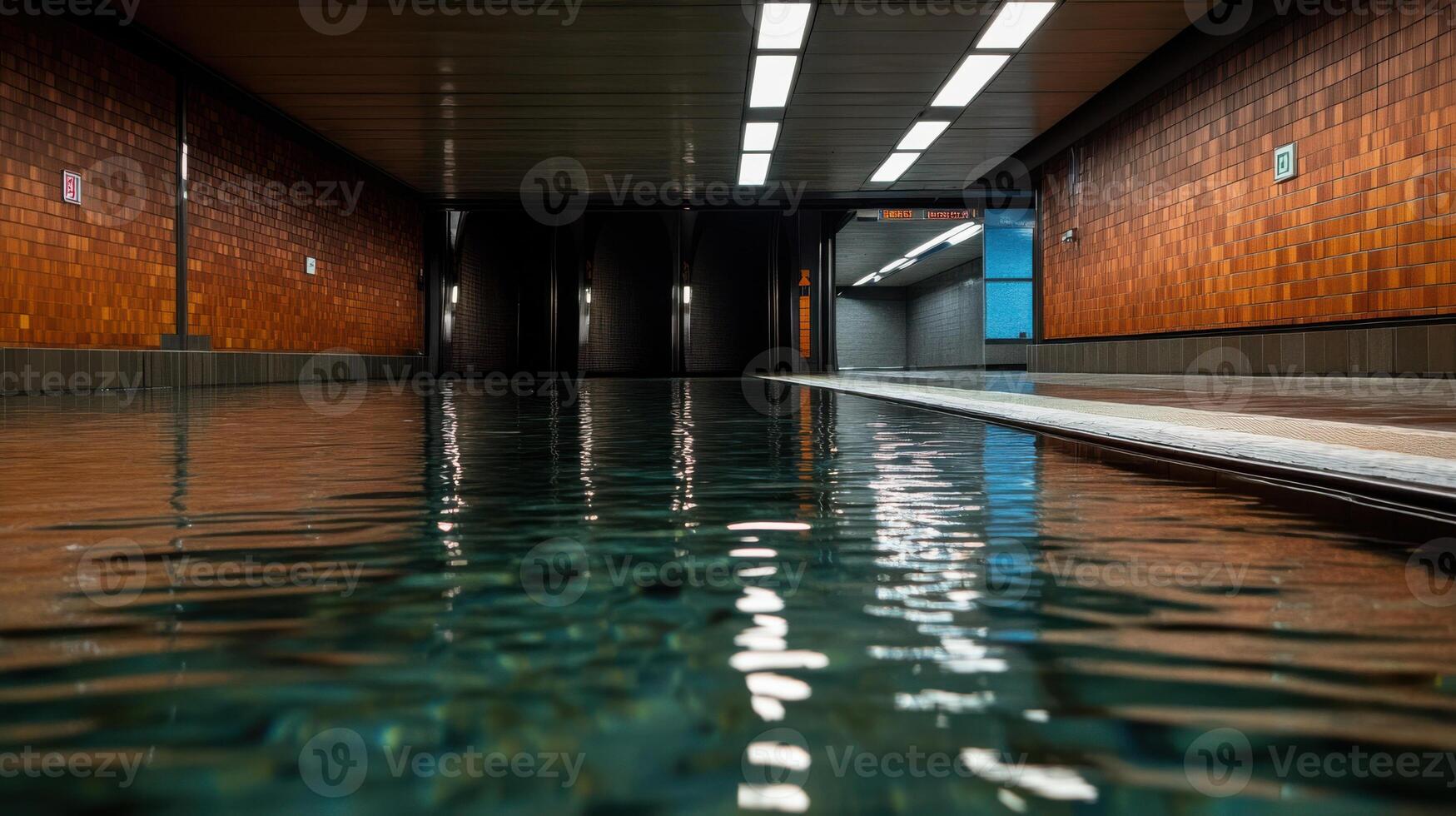 flooded subway station with water reaching ceiling, creating surreal atmosphere photo