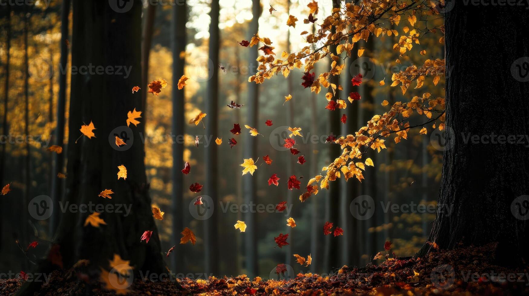 Autumn forest with golden and red leaves falling gently from trees photo