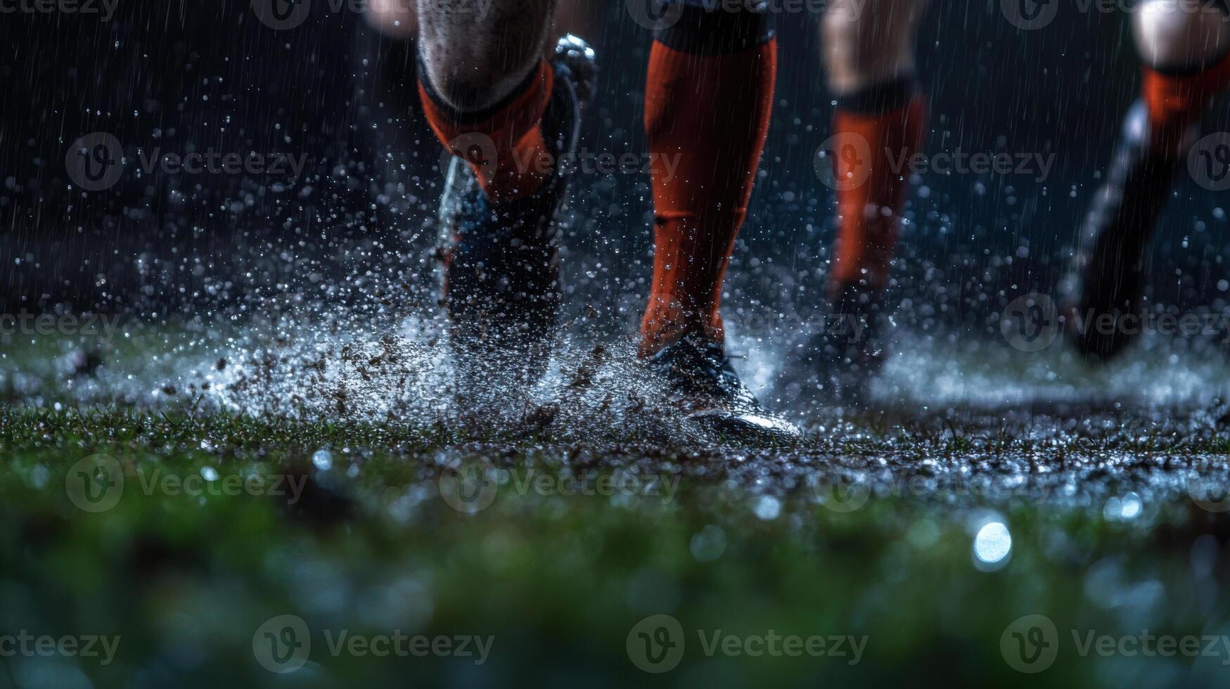 Players running in rain, splashing water on muddy football field photo