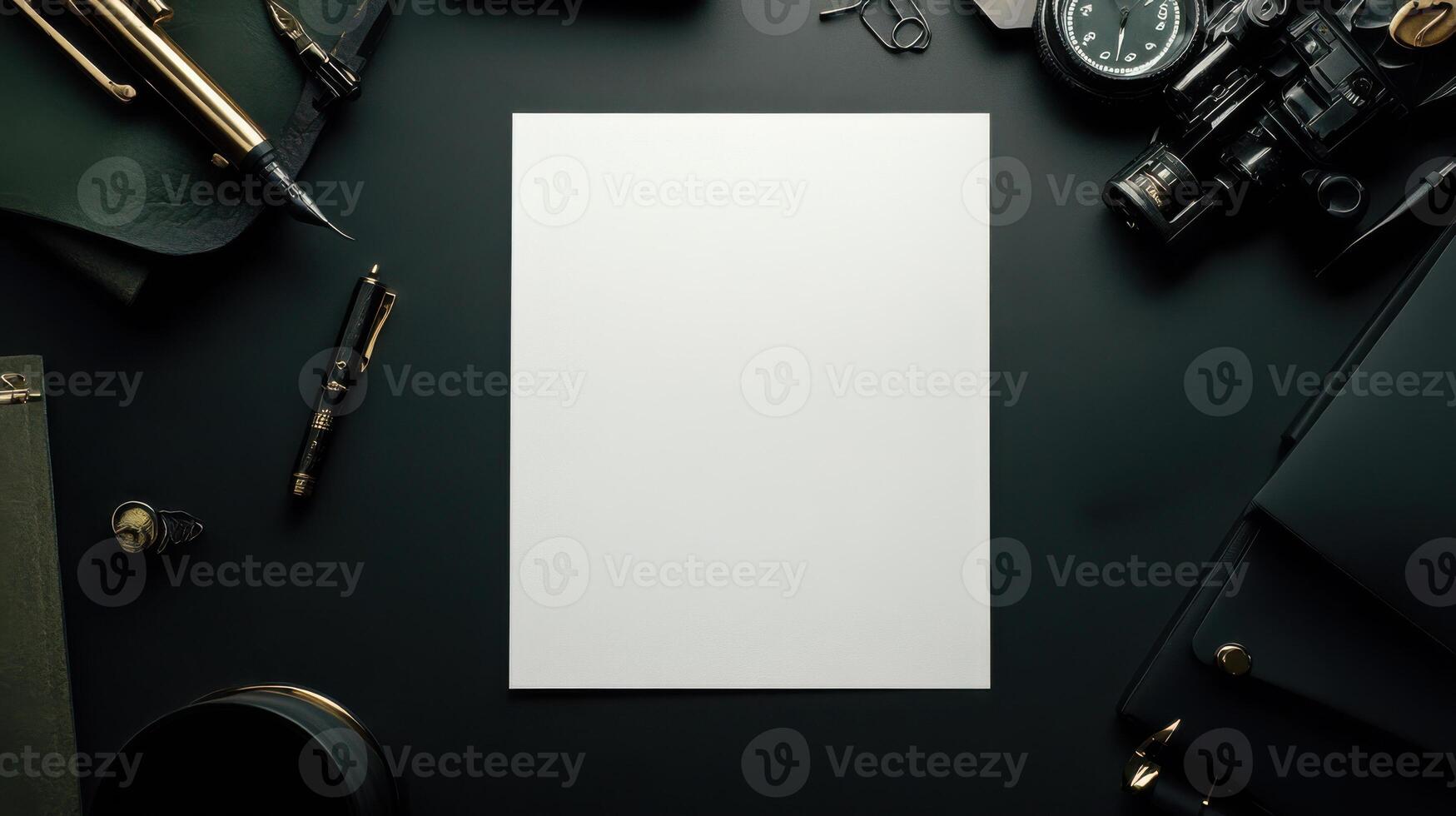 flat lay of blank sheet of white paper on dark desk with tools photo