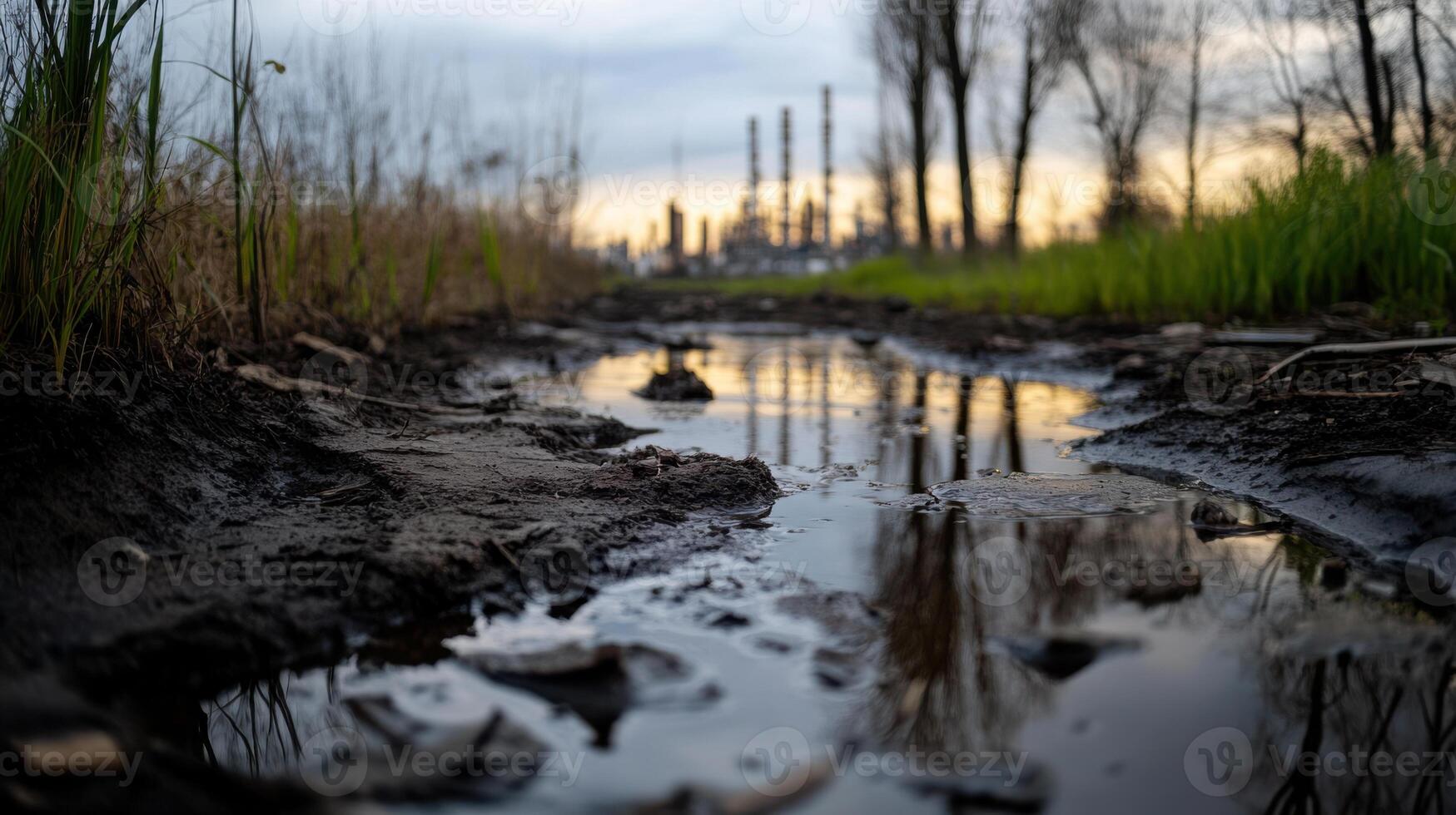 polluted waterway reflecting industrial structures at sunset photo