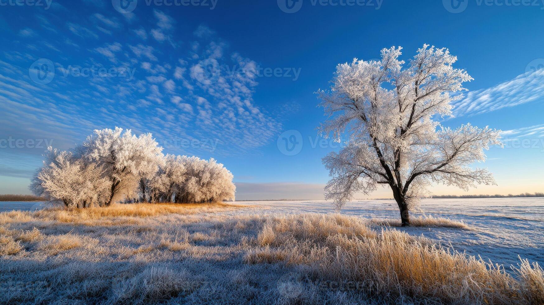 Winter landscape with trees covered in frost photo
