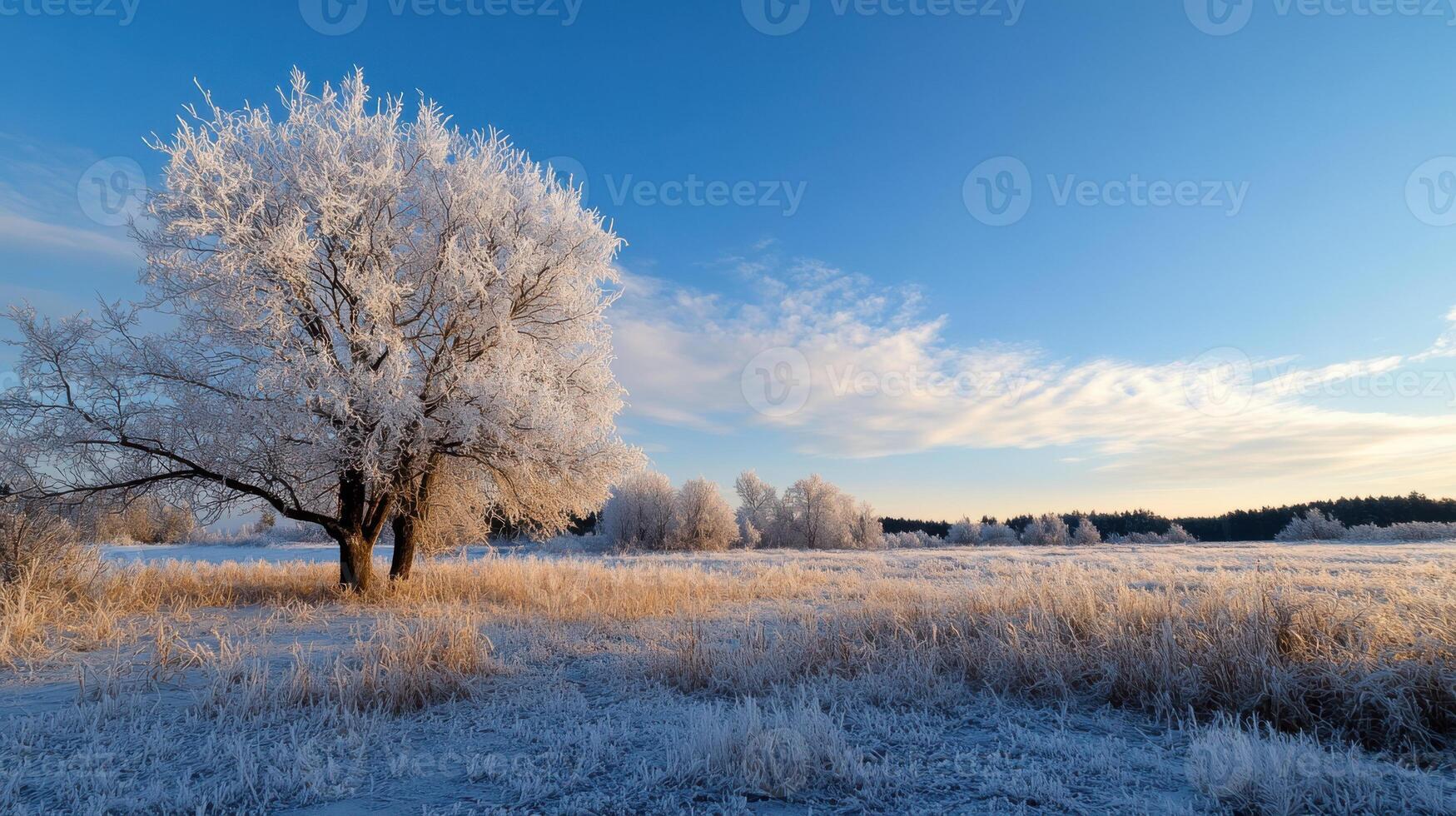 A tree in the middle of a field with frost on it photo