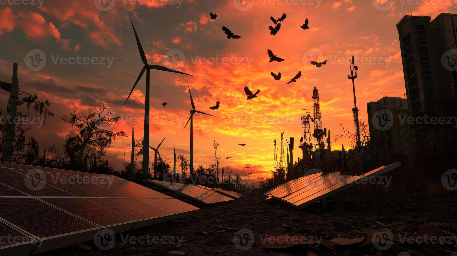 A sunset with wind turbines and solar panels photo