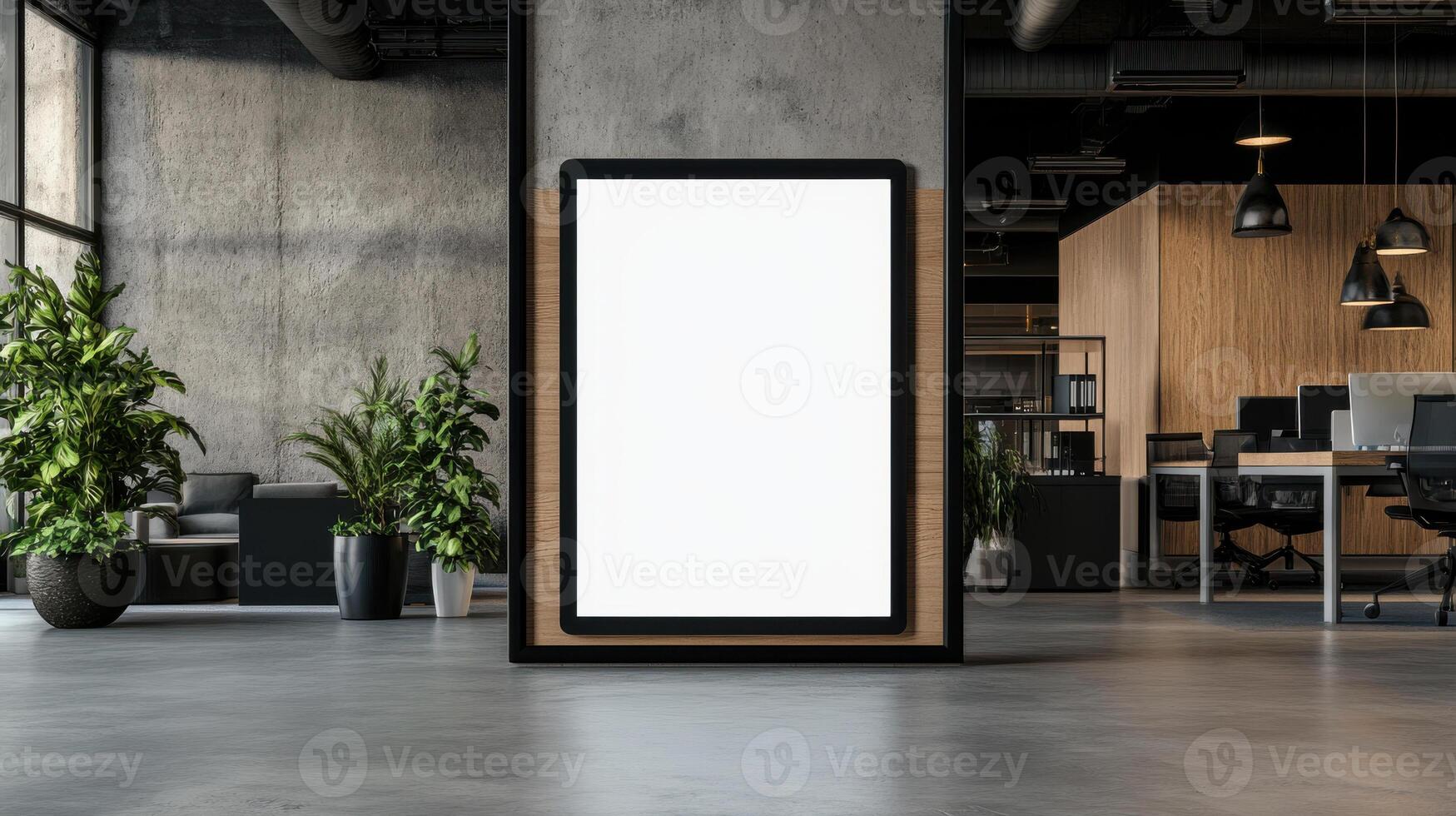 modern office space featuring large digital frame with blank screen, surrounded by greenery photo