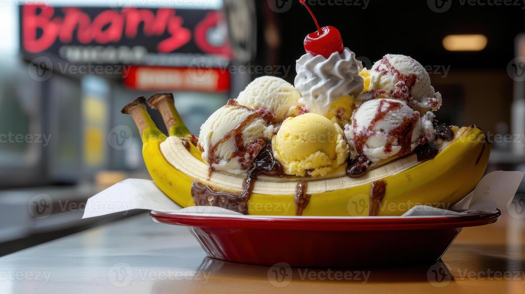 A banana split with ice cream and cherries photo