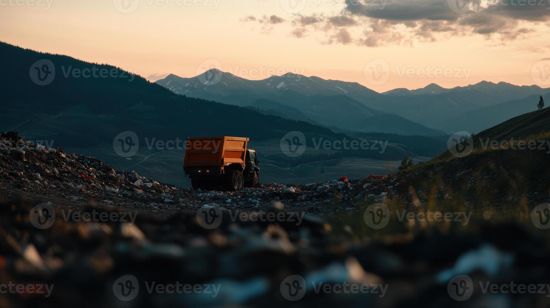 A dump truck is driving down a mountain road photo