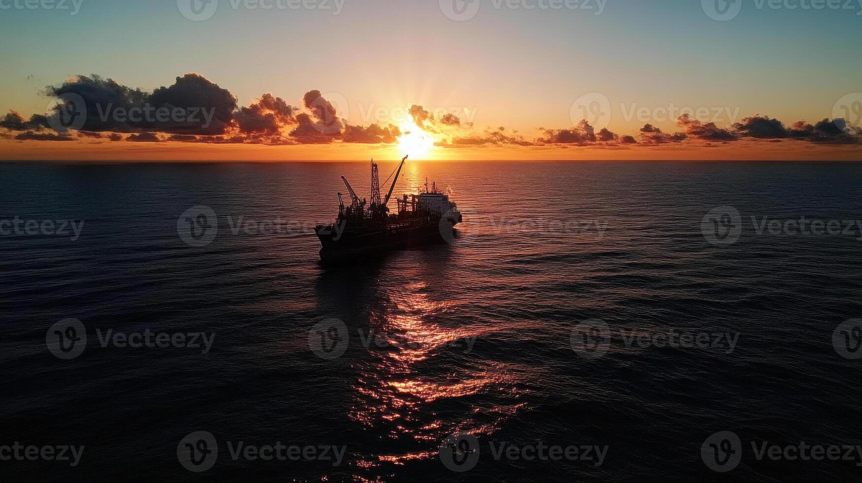 ship at sunset on ocean, creating serene and beautiful scene photo
