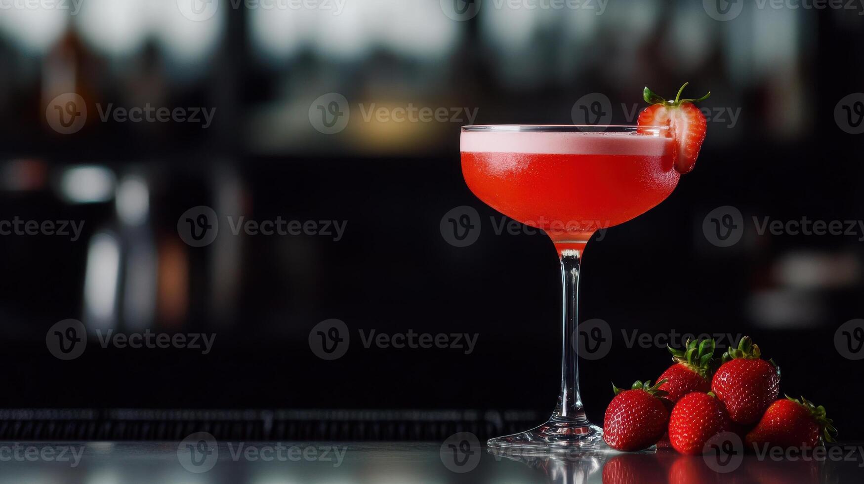 vibrant strawberry daiquiri in tall glass, garnished with fresh strawberries photo