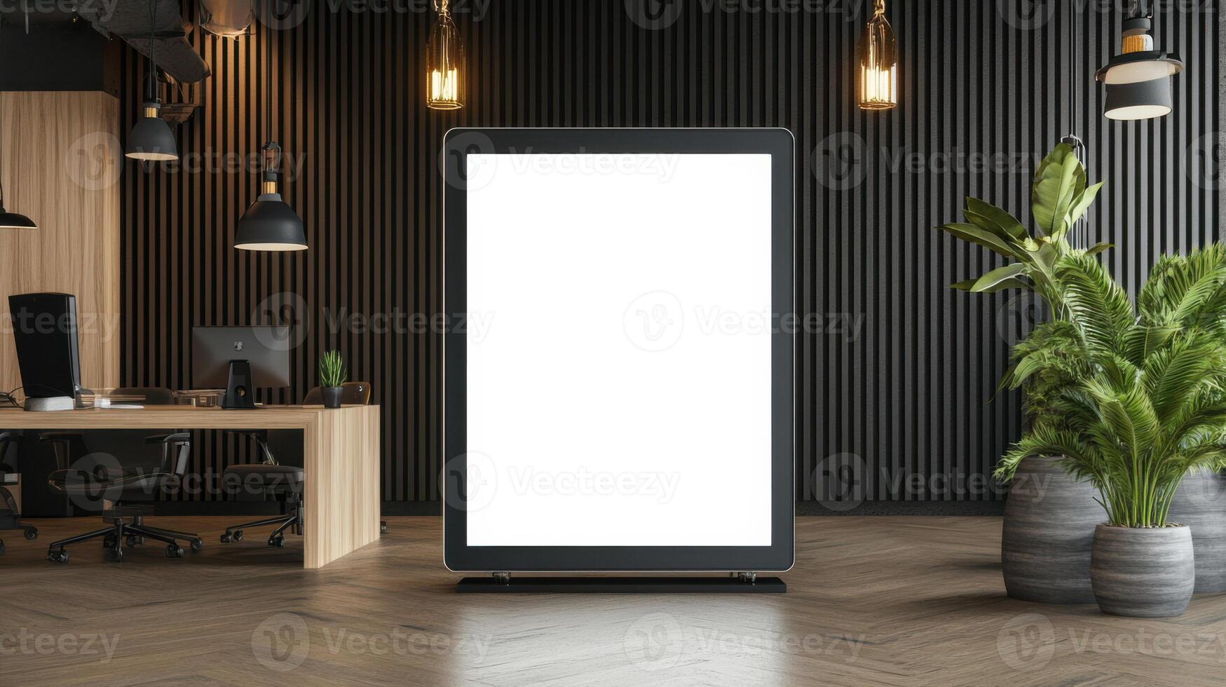 modern office with large digital frame displaying blank screen photo