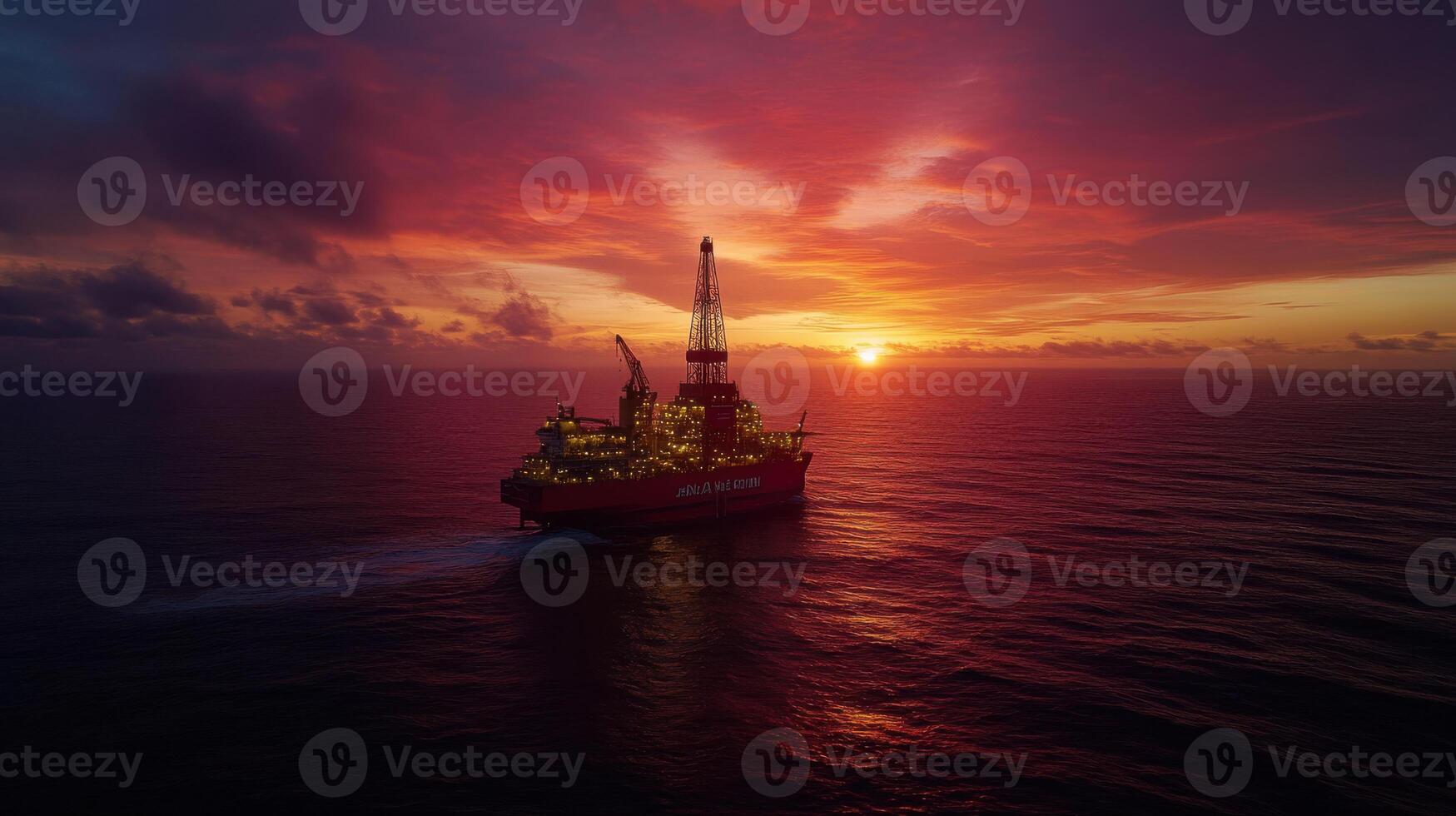 giant oil drilling rig at sunset in ocean, showcasing vibrant colors and tranquility photo