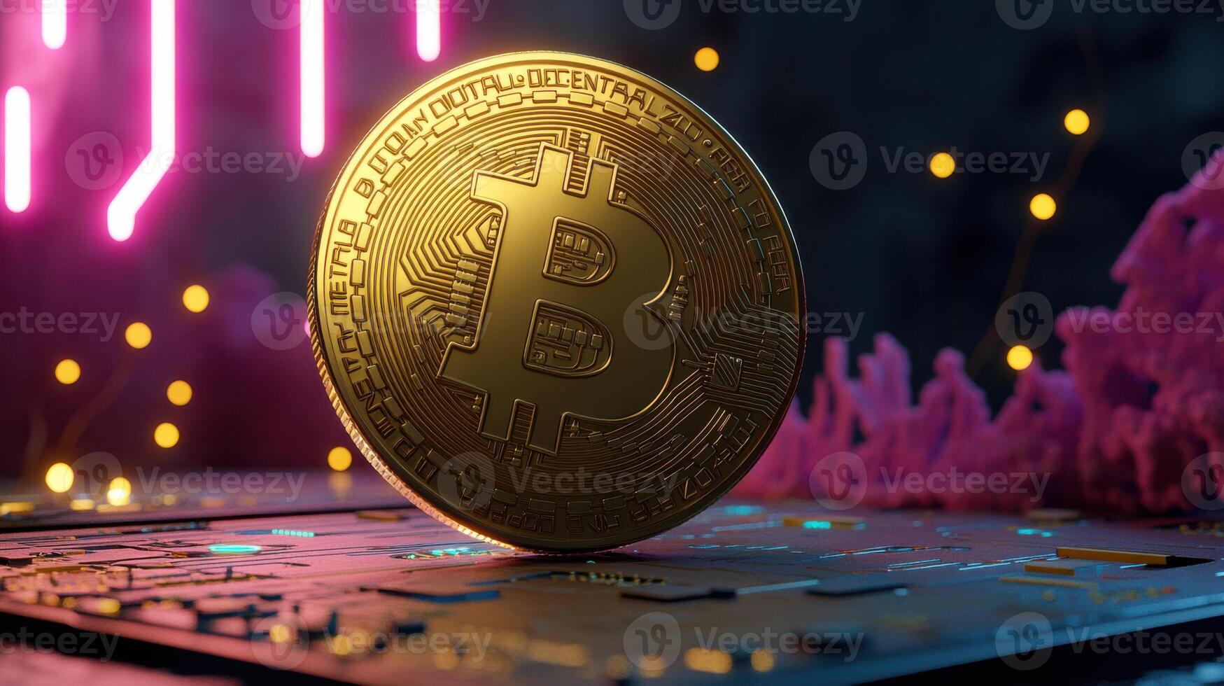 Bitcoin on a circuit board with neon lights photo