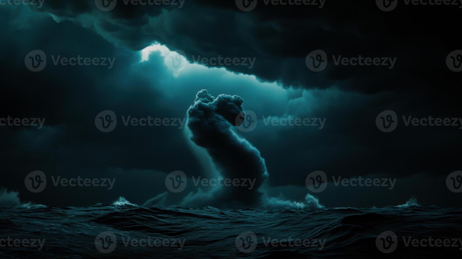A dark stormy ocean with a large wave photo