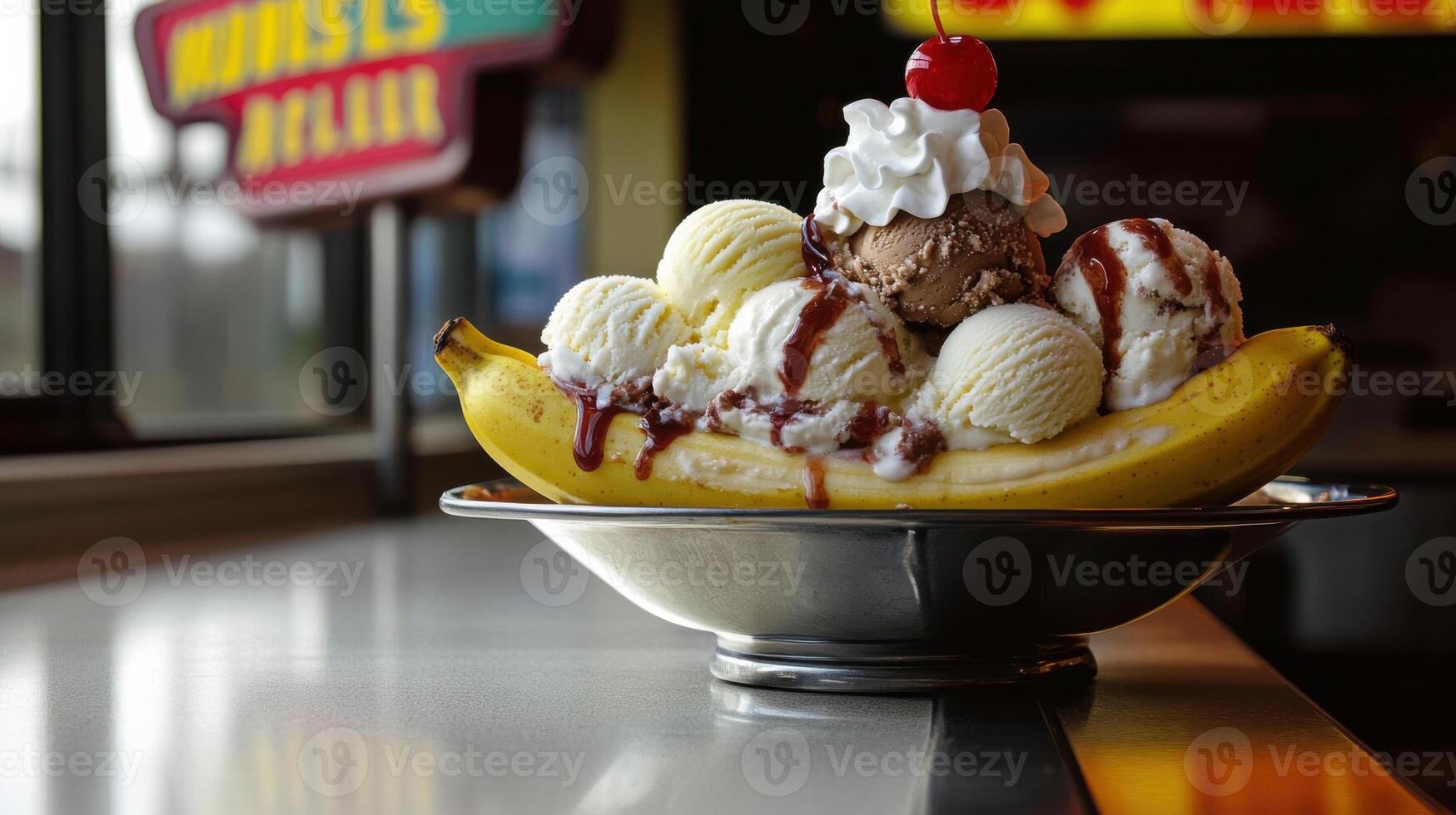 A banana split with ice cream and toppings photo