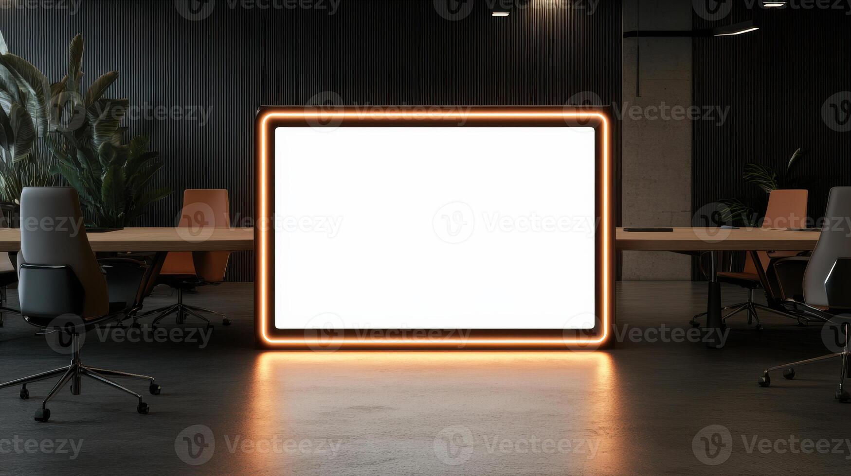 modern office space featuring glowing digital frame, ideal for presentations photo