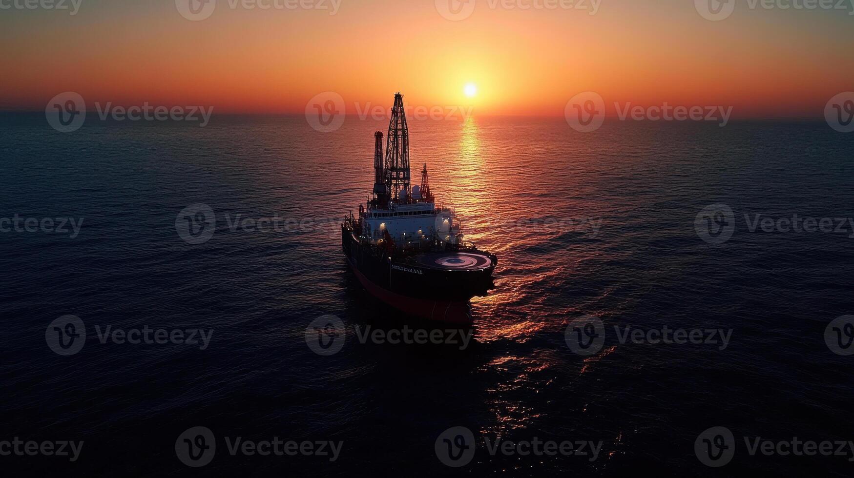 giant oil drilling rig at sunset in ocean, creating serene atmosphere photo