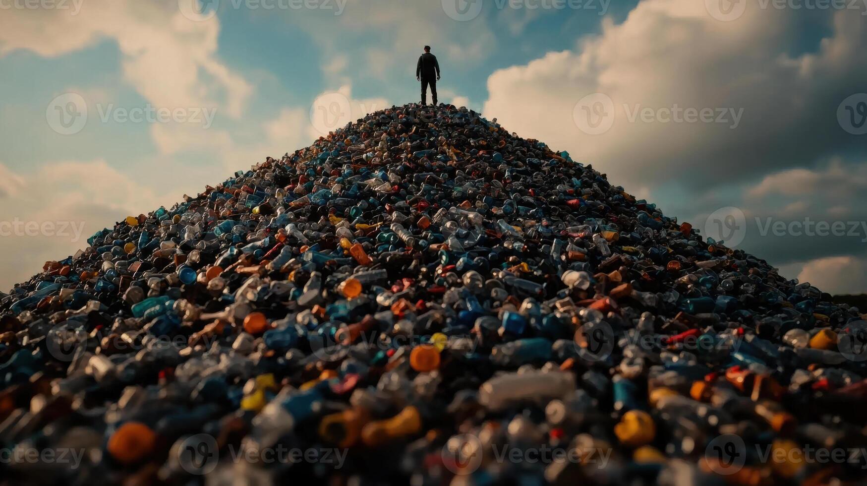 person stands on giant pile of discarded plastic bottles, symbolizing waste photo